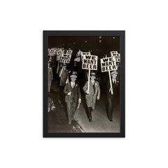 We want beer - funny vintage prohibition beer parade march, 1932 framed print on a plain backdrop in size 12"x16".