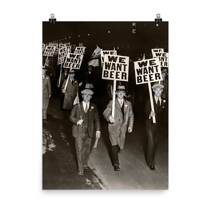 We want beer - funny vintage prohibition beer parade march, 1932 poster on a plain backdrop in size 8