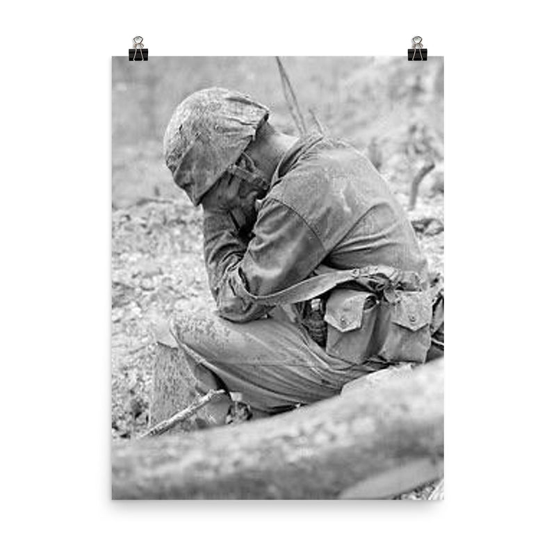 Weary Marine Weeping Amid Rubble After Battle for Hill 200, August 1944 poster on a plain backdrop in size 8