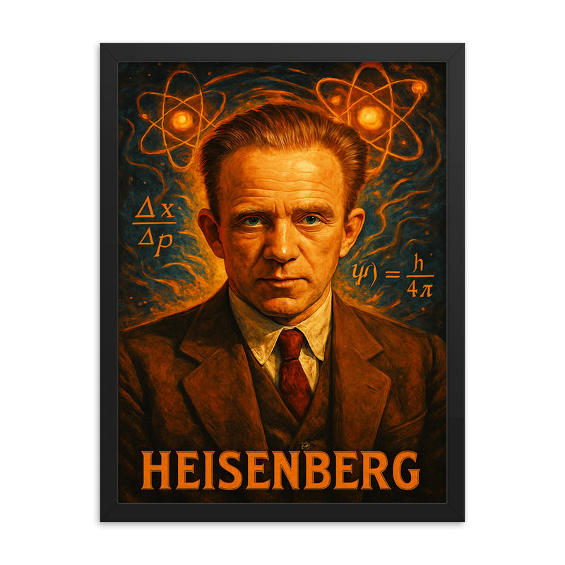 Werner Heisenberg framed print on a plain backdrop in size 18