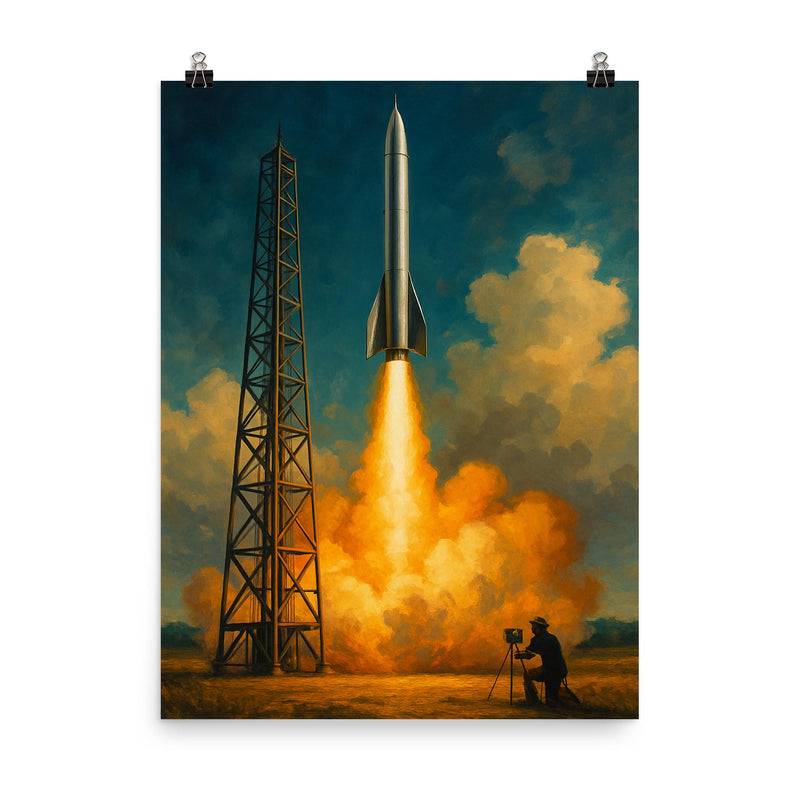 Wernher von Braun excluded replace with Robert Goddard launch poster on a plain backdrop in size 8