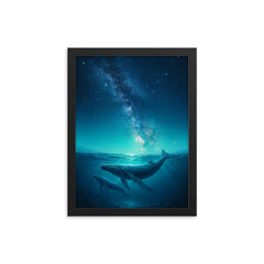 Whales swimming beneath a starry night ocean framed print mockup 12x16
