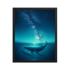 Whales swimming beneath a starry night ocean framed print mockup 16x20