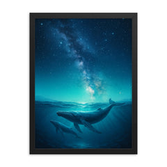 Whales swimming beneath a starry night ocean framed print mockup 18x24