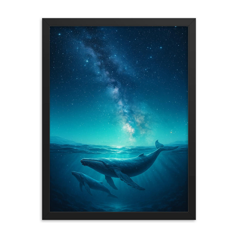 Whales swimming beneath a starry night ocean framed print mockup 18x24
