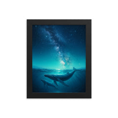 Whales swimming beneath a starry night ocean framed print mockup 8x10