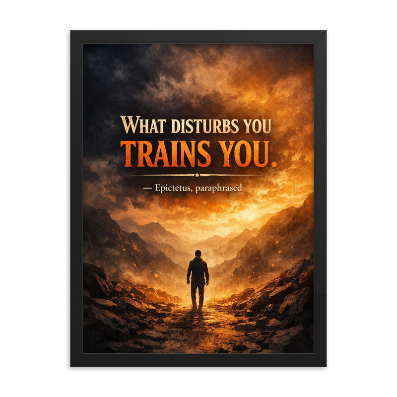 What disturbs you trains you Epictetus paraphrased framed print on a plain backdrop in size 18