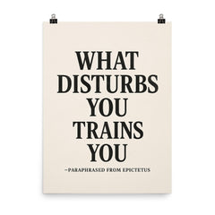 What disturbs you trains you paraphrased from Epictetus poster on a plain backdrop in size 8"x10".