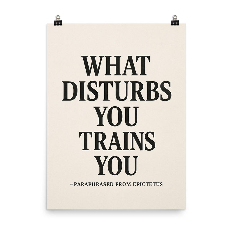 What disturbs you trains you paraphrased from Epictetus poster on a plain backdrop in size 8