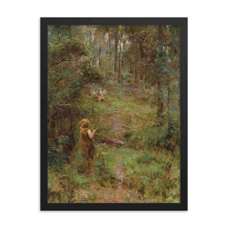 What the Little Girl Saw in the Bush by Frederick McCubbin, 1904 framed print on a plain backdrop in size 18