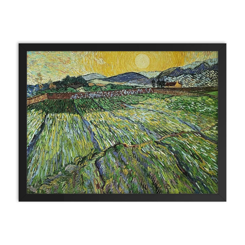 Wheat Field at Sunrise by Vincent van Gogh, 1889 framed print on a plain backdrop in size 18