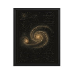 Whirlpool Galaxy with annotated astronomer markings framed print on a plain backdrop in size 16"x20".