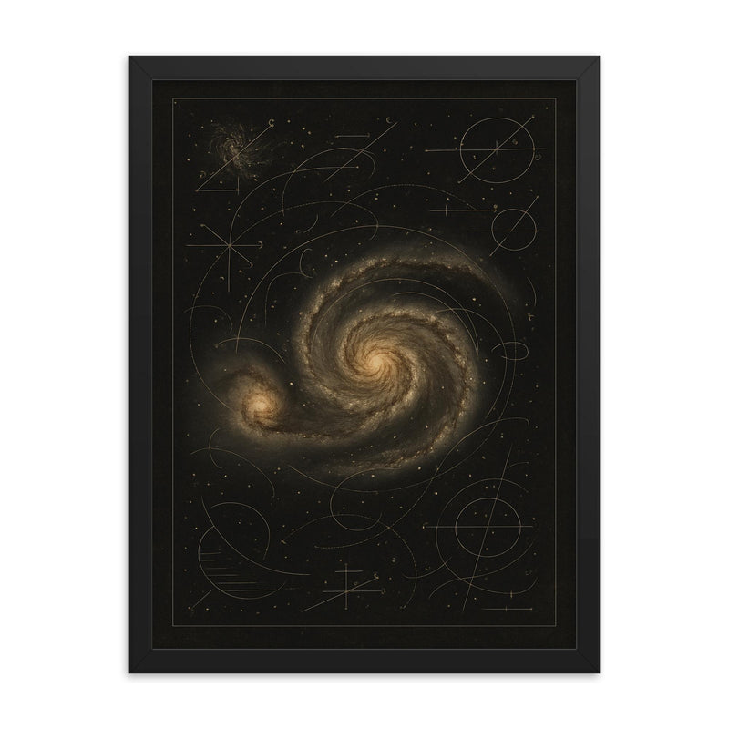 Whirlpool Galaxy with annotated astronomer markings framed print on a plain backdrop in size 18