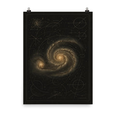 Whirlpool Galaxy with annotated astronomer markings poster on a plain backdrop in size 8"x10".