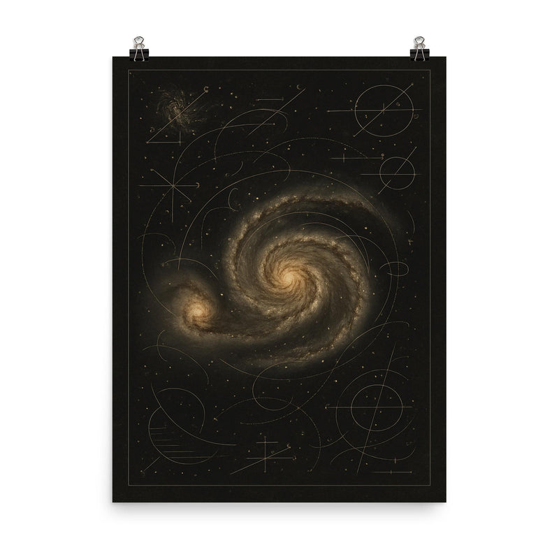 Whirlpool Galaxy with annotated astronomer markings poster on a plain backdrop in size 8