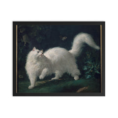 White Angora Cat Chasing a Butterfly by Jean-Jacques Bachelier, 1761 framed print on a plain backdrop in size 16"x20".