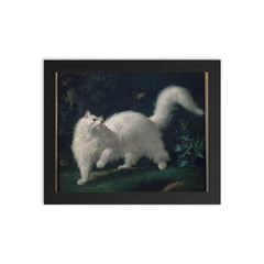White Angora Cat Chasing a Butterfly by Jean-Jacques Bachelier, 1761 framed print on a plain backdrop in size 8"x10".