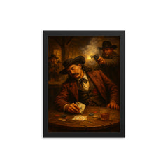 Wild Bill Hickok dead man's hand saloon scene framed print on a plain backdrop in size 12"x16".