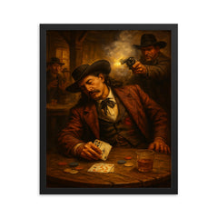 Wild Bill Hickok dead man's hand saloon scene framed print on a plain backdrop in size 16"x20".