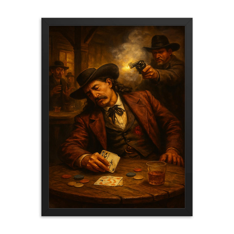 Wild Bill Hickok dead man's hand saloon scene framed print on a plain backdrop in size 18