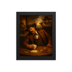 Wild Bill Hickok dead man's hand saloon scene framed print on a plain backdrop in size 8"x10".