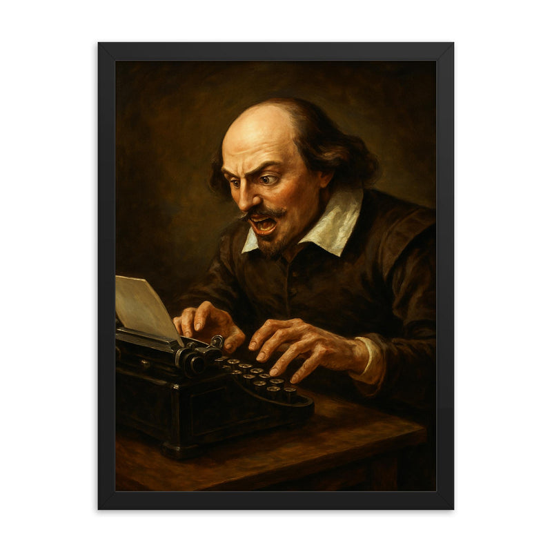 William Shakespeare feverishly typing on a vintage typewriter framed print on a plain backdrop in size 18