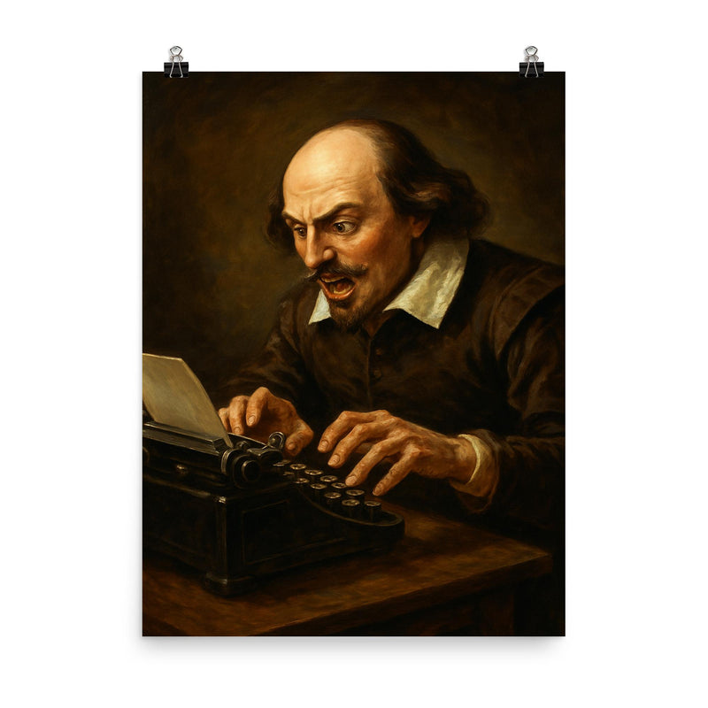 William Shakespeare feverishly typing on a vintage typewriter poster on a plain backdrop in size 8