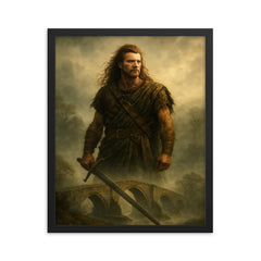 William Wallace at Stirling Bridge mist framed print on a plain backdrop in size 16"x20".
