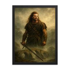William Wallace at Stirling Bridge mist framed print on a plain backdrop in size 18"x24".