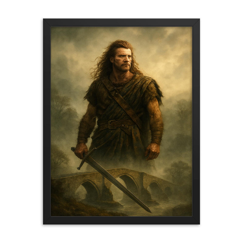 William Wallace at Stirling Bridge mist framed print on a plain backdrop in size 18