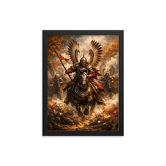 Winged Hussar charge through autumn smoke framed print on a plain backdrop in size 12"x16".
