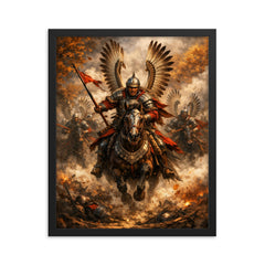 Winged Hussar charge through autumn smoke framed print on a plain backdrop in size 16"x20".