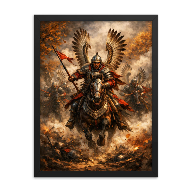 Winged Hussar charge through autumn smoke framed print on a plain backdrop in size 18