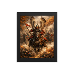 Winged Hussar charge through autumn smoke framed print on a plain backdrop in size 8"x10".