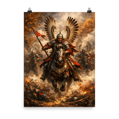 Winged Hussar charge through autumn smoke poster on a plain backdrop in size 8"x10".