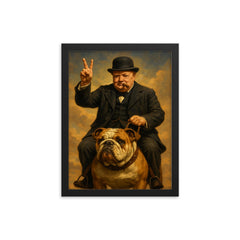 Winston Churchill cigar in mouth giving the victory sign while riding an English bulldog framed print on a plain backdrop in size 12"x16".