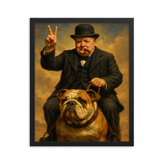 Winston Churchill cigar in mouth giving the victory sign while riding an English bulldog framed print on a plain backdrop in size 16"x20".