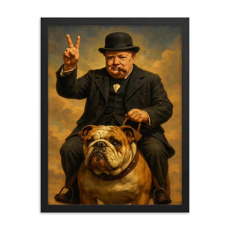 Winston Churchill cigar in mouth giving the victory sign while riding an English bulldog framed print on a plain backdrop in size 18