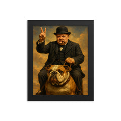 Winston Churchill cigar in mouth giving the victory sign while riding an English bulldog framed print on a plain backdrop in size 8"x10".