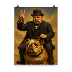 Winston Churchill cigar in mouth giving the victory sign while riding an English bulldog poster on a plain backdrop in size 8"x10".
