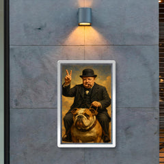 Winston Churchill cigar in mouth giving the victory sign while riding an English bulldog poster 2