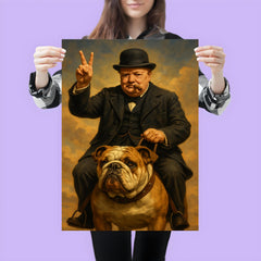 Winston Churchill cigar in mouth giving the victory sign while riding an English bulldog poster 3