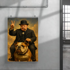 Winston Churchill cigar in mouth giving the victory sign while riding an English bulldog poster 4
