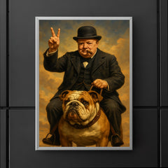 Winston Churchill cigar in mouth giving the victory sign while riding an English bulldog poster 5