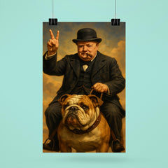 Winston Churchill cigar in mouth giving the victory sign while riding an English bulldog poster 6