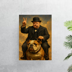 Winston Churchill cigar in mouth giving the victory sign while riding an English bulldog poster 7