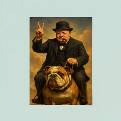 Winston Churchill cigar in mouth giving the victory sign while riding an English bulldog poster 8