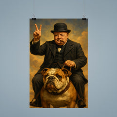 Winston Churchill cigar in mouth giving the victory sign while riding an English bulldog poster 9