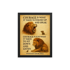Winston Churchill quote courage standing up speaking sitting down listening lion and mouse framed print on a plain backdrop in size 12"x16".