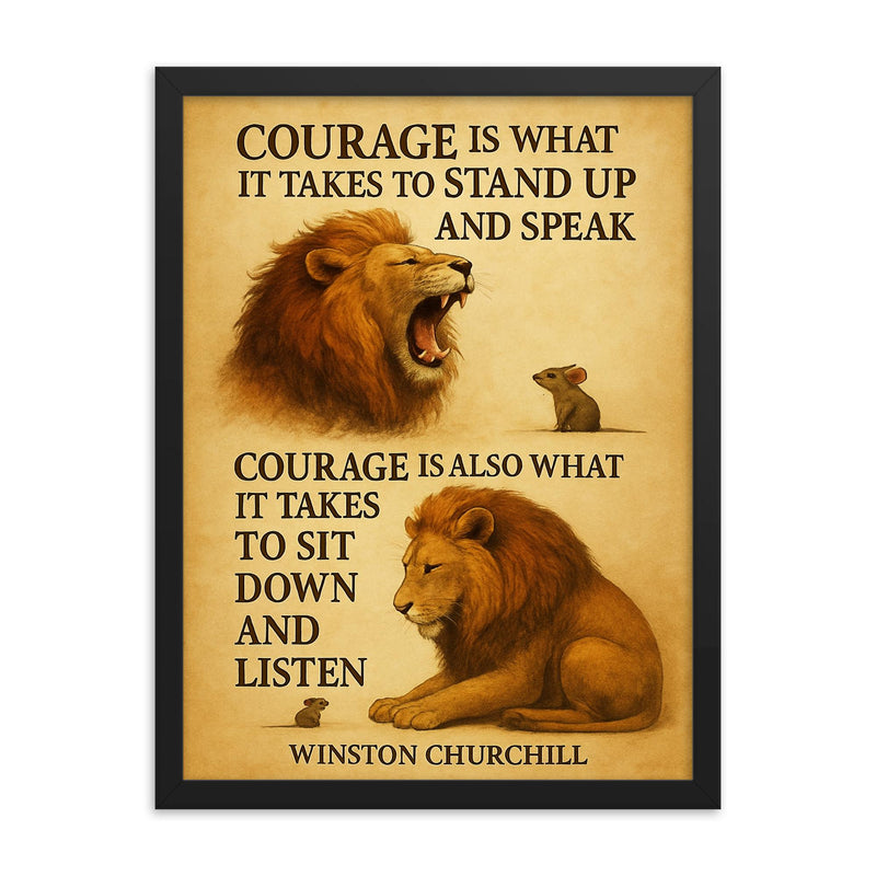 Winston Churchill quote courage standing up speaking sitting down listening lion and mouse framed print on a plain backdrop in size 18